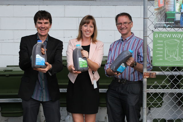 Hungry Bin Worm Farm - Fertiliser collected at the Graham Street site in recycled milk bottles.